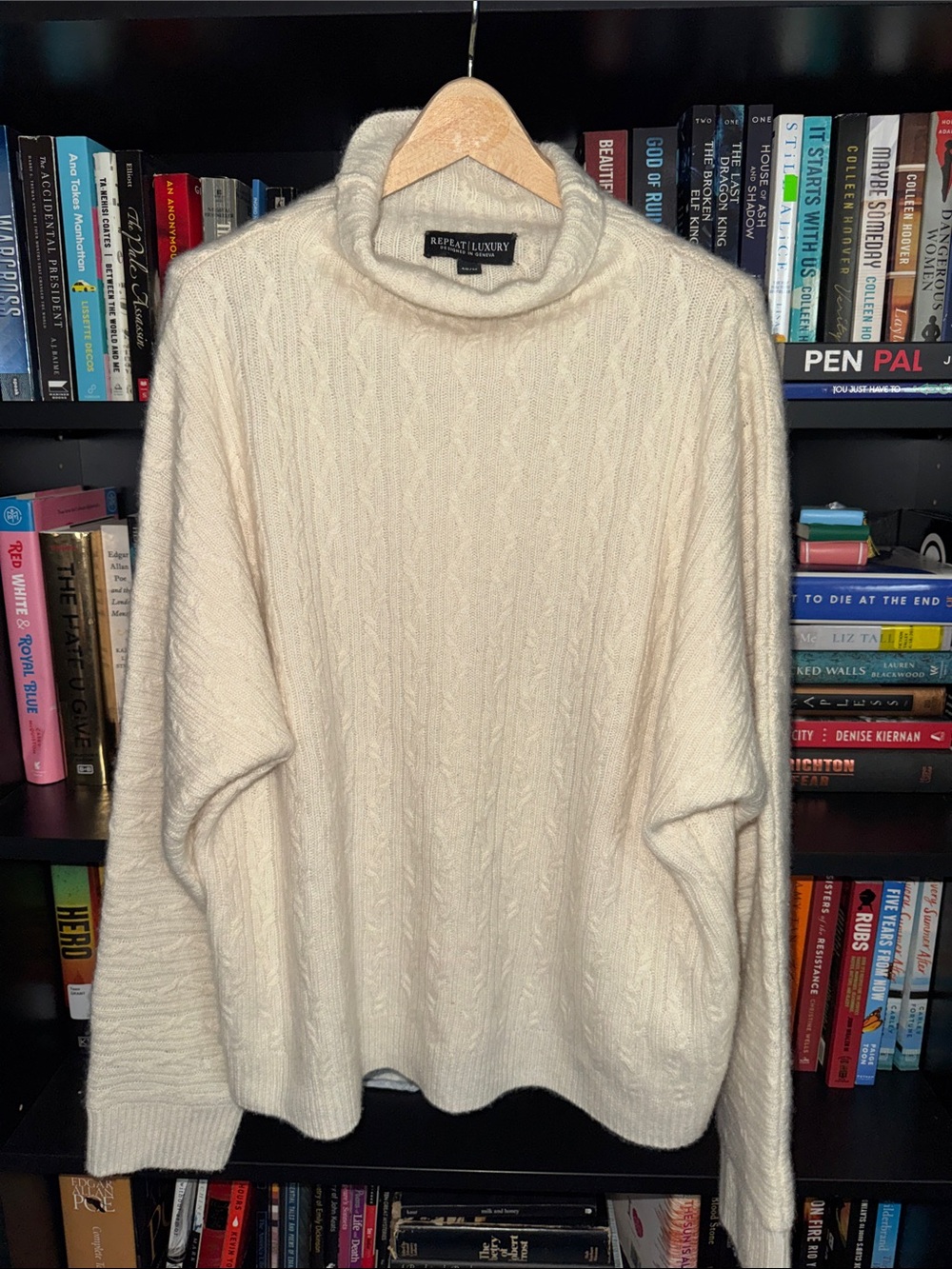 Repeat Luxury Brand Cream Cashmere Cable-Knit Cowl neck slouchy Sweater